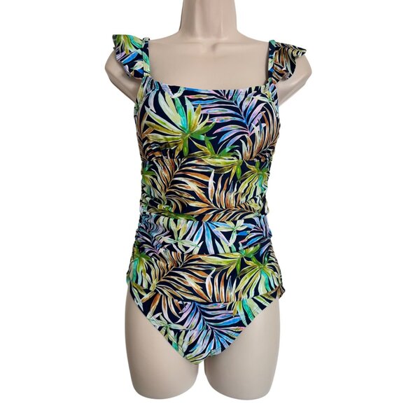 Ellen Tracy Colorful One Piece Swimsuit Size 8 Ruffle Adjustable Straps NWOT Pad - Picture 1 of 8